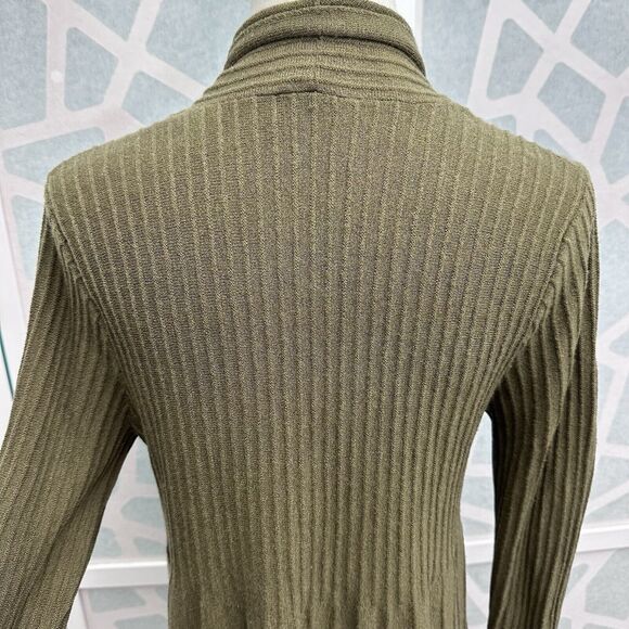 Eileen Fisher Cardigan Sweater Medium Wool Knit Open Front Olive Ribbed Pleated - Picture 5 of 10